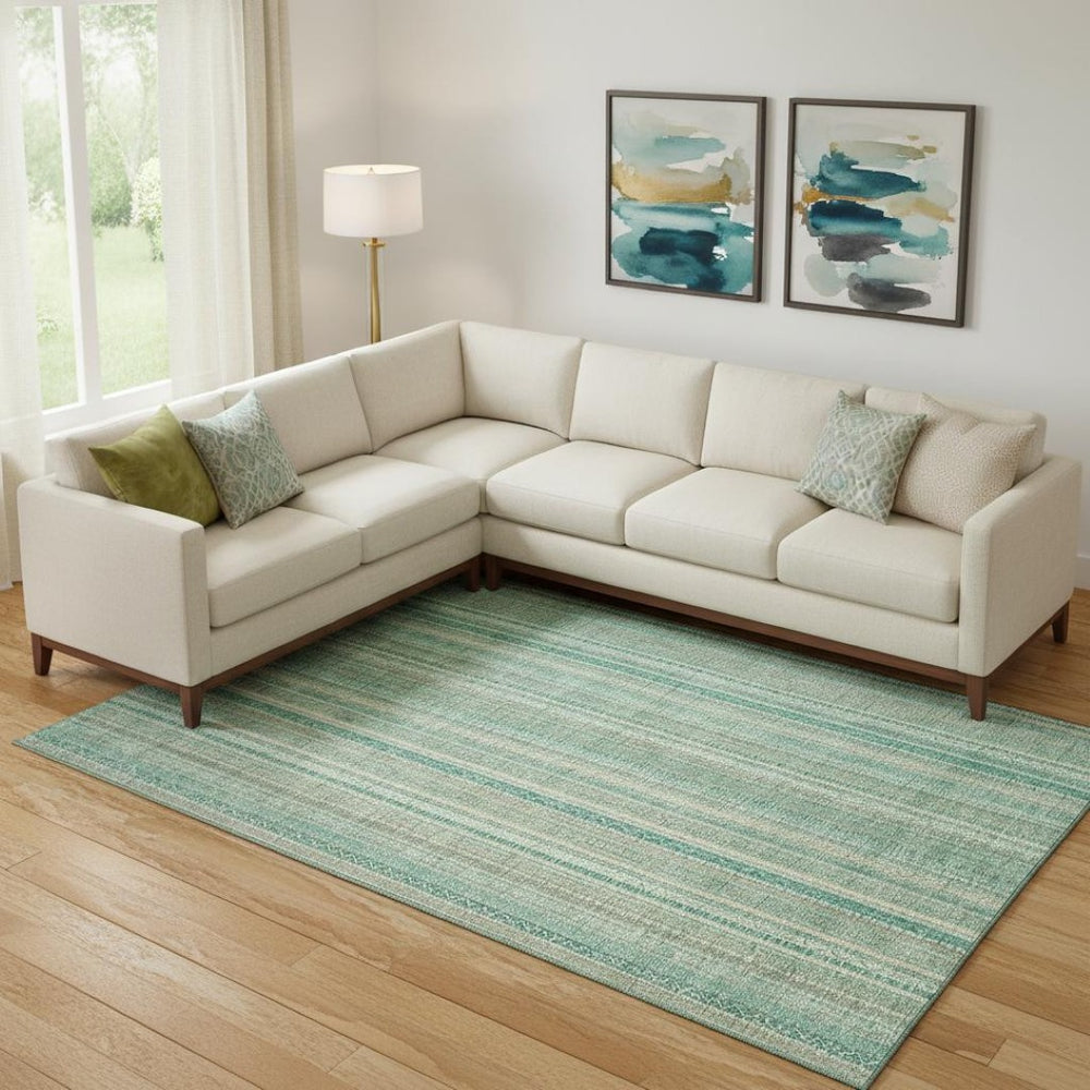 HomeRoots 10' Aqua Beige and Teal Striped Washable Area Rug - Durable, Stylish, UV-Protected for High Traffic Areas 696242