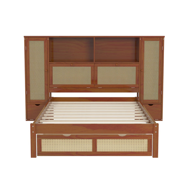 English Elm Twin Multifunctional Bed with Rattan Headboard Storage, Drawer & Shelves — Space-Saving Pine Design Walnut 50.4 L x 19.8 W x 5.5 H N733S241280D
