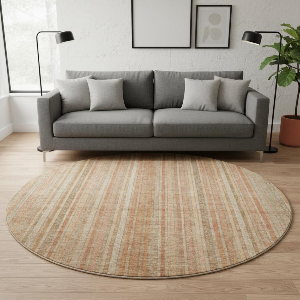 HomeRoots 8' Stylish Rust Beige & Copper Striped Washable Round Rug with UV Protection for Modern Homes 696245
