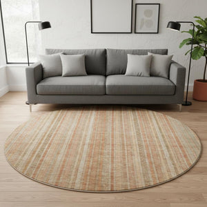 HomeRoots 8' Stylish Rust Beige & Copper Striped Washable Round Rug with UV Protection for Modern Homes 696245