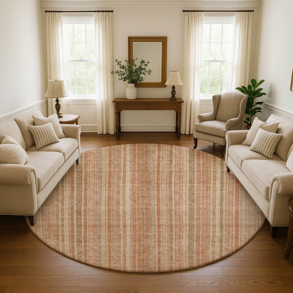 HomeRoots 8' Stylish Rust Beige & Copper Striped Washable Round Rug with UV Protection for Modern Homes 696245