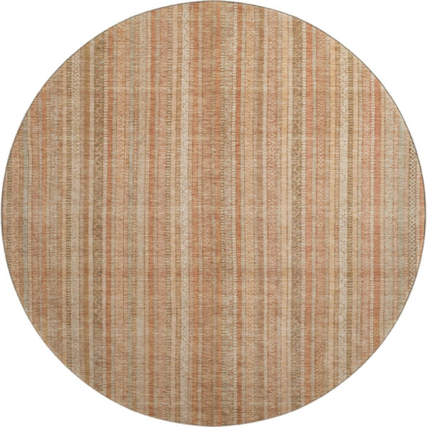HomeRoots 8' Stylish Rust Beige & Copper Striped Washable Round Rug with UV Protection for Modern Homes 696245