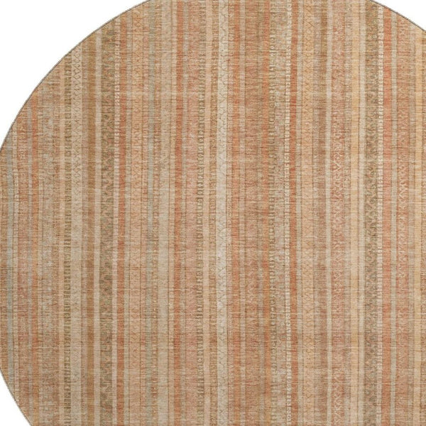 HomeRoots 8' Stylish Rust Beige & Copper Striped Washable Round Rug with UV Protection for Modern Homes 696245