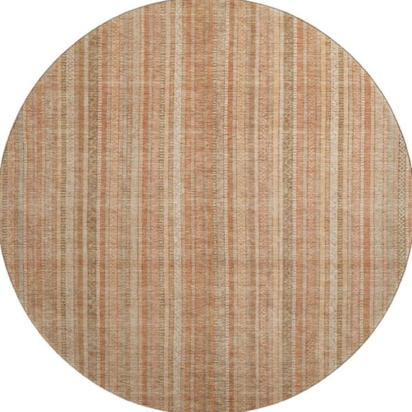 HomeRoots 8' Stylish Rust Beige & Copper Striped Washable Round Rug with UV Protection for Modern Homes 696245
