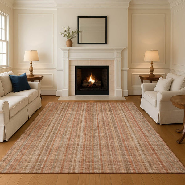 HomeRoots 8' X 10' Washable Area Rug in Rust, Beige & Copper Stripes - UV Resistant, Durable & Stylish Decor 696246
