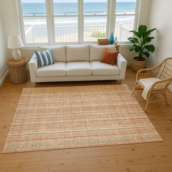 HomeRoots 8' X 10' Washable Area Rug in Rust, Beige & Copper Stripes - UV Resistant, Durable & Stylish Decor 696246