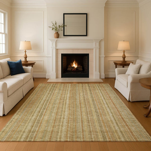 HomeRoots 5' X 8' Wheat Gold and Beige Striped Area Rug - Washable, Stain-Resistant & UV Protected Comfort 696250