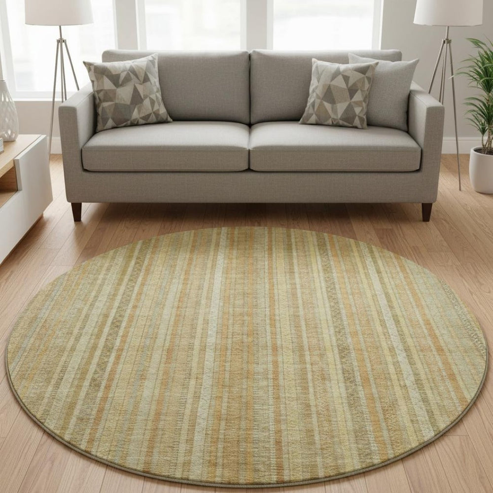 HomeRoots 8' Wheat Gold & Beige Striped Round Rug - Washable, UV Protected, Stain Resistant for Home & Outdoor 696251