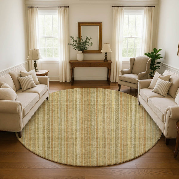 HomeRoots 8' Wheat Gold & Beige Striped Round Rug - Washable, UV Protected, Stain Resistant for Home & Outdoor 696251