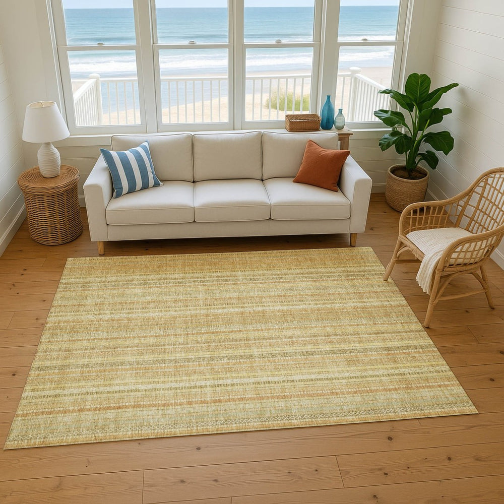 HomeRoots 9' X 12' Washable Wheat Gold & Beige Striped Area Rug with UV Protection - Durable & Stylish Decor 696253