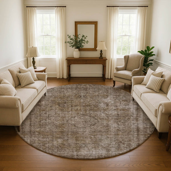 HomeRoots 8' Brown And Taupe Abstract Washable Round Rug - UV Protected, Stain-Resistant, Non-Slip Design! 696257
