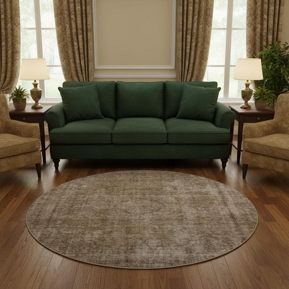 HomeRoots 8' Brown And Taupe Abstract Washable Round Rug - UV Protected, Stain-Resistant, Non-Slip Design! 696257