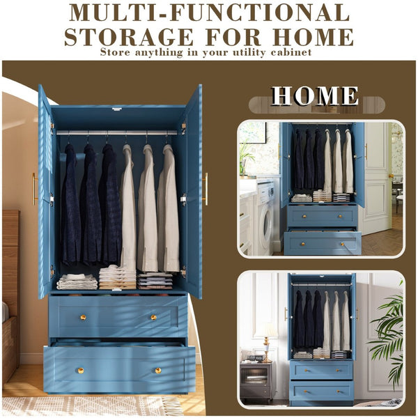 English Elm Shaker Two Door Wardrobe Armoire with Hanging Rod Drawers and Bedroom Storage T3210P477664