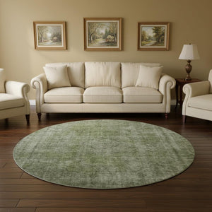 HomeRoots 8' Green and Silver Abstract Washable Round Rug - UV Protected, Stain-Resistant, Family-Friendly Design 696269