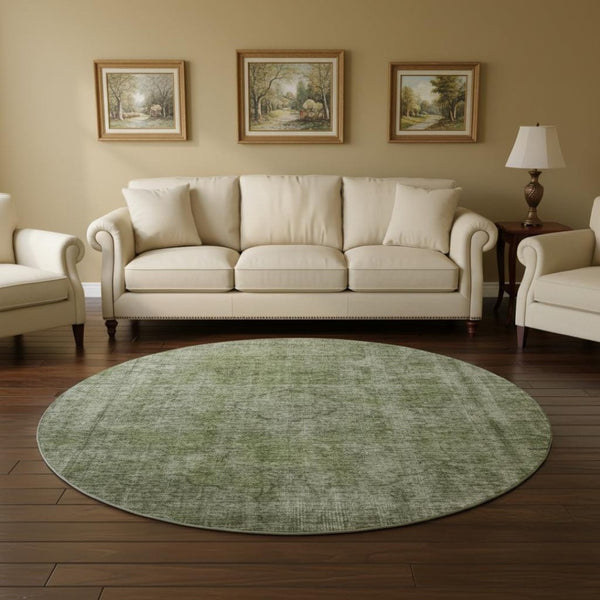 HomeRoots 8' Green and Silver Abstract Washable Round Rug - UV Protected, Stain-Resistant, Family-Friendly Design 696269