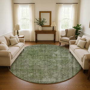 HomeRoots 8' Green and Silver Abstract Washable Round Rug - UV Protected, Stain-Resistant, Family-Friendly Design 696269