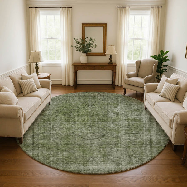 HomeRoots 8' Green and Silver Abstract Washable Round Rug - UV Protected, Stain-Resistant, Family-Friendly Design 696269