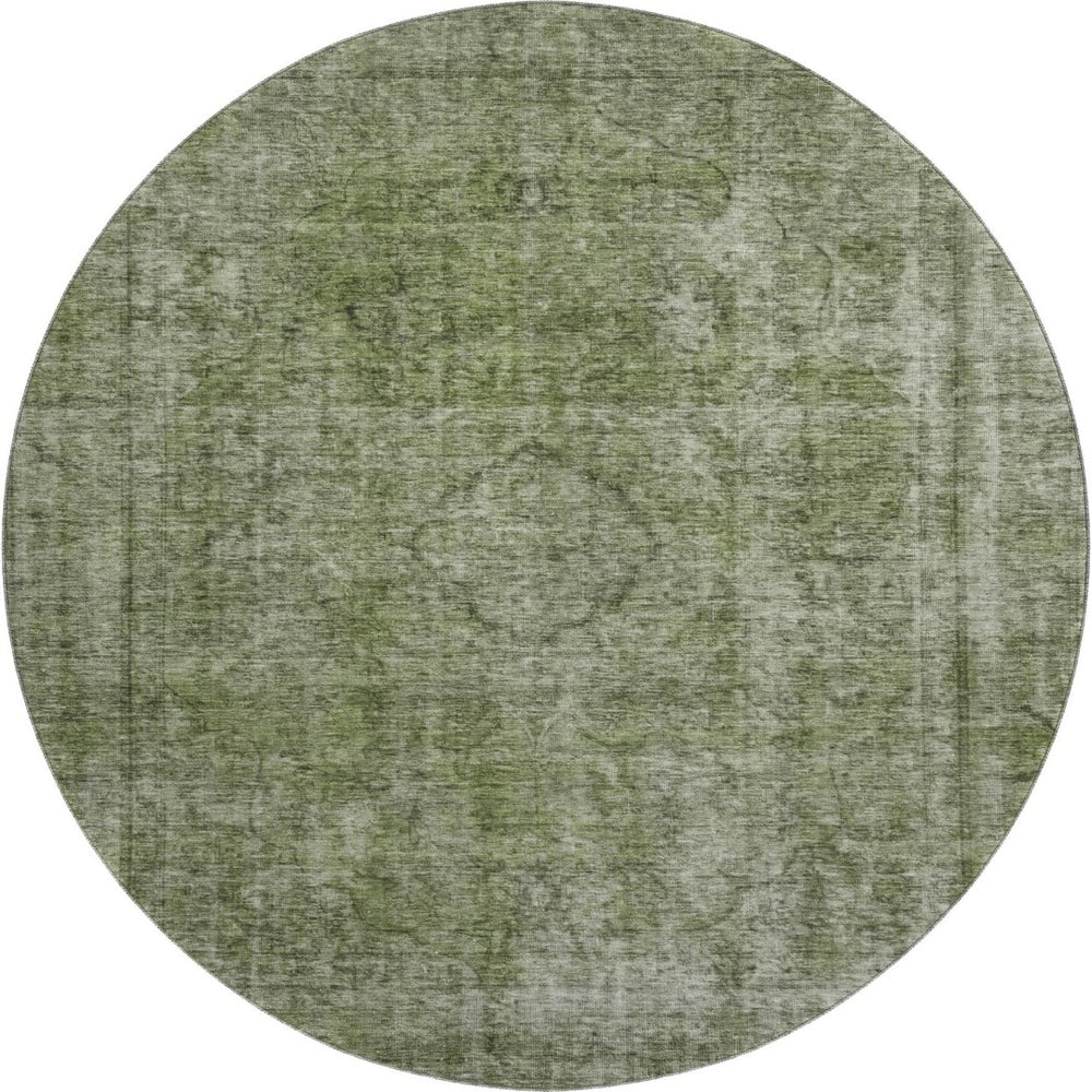 HomeRoots 8' Green and Silver Abstract Washable Round Rug - UV Protected, Stain-Resistant, Family-Friendly Design 696269