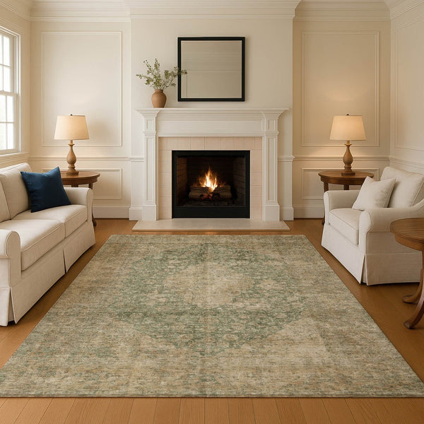 HomeRoots 5' X 8' Artichoke Green Medallion Area Rug - Washable, UV Protected, Stain Resistant for Homes! 696280