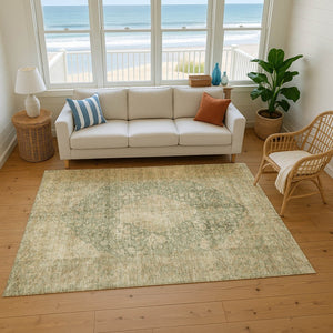 HomeRoots 5' X 8' Artichoke Green Medallion Area Rug - Washable, UV Protected, Stain Resistant for Homes! 696280