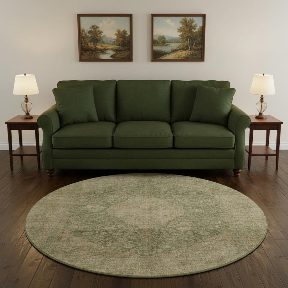 HomeRoots 8' Artichoke Green Medallion Round Rug - Washable, Stain Resistant, UV Protected for Everyday Use 696281