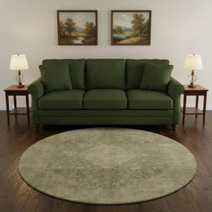 HomeRoots 8' Artichoke Green Medallion Round Rug - Washable, Stain Resistant, UV Protected for Everyday Use 696281