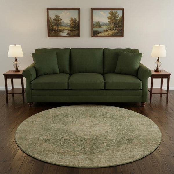 HomeRoots 8' Artichoke Green Medallion Round Rug - Washable, Stain Resistant, UV Protected for Everyday Use 696281