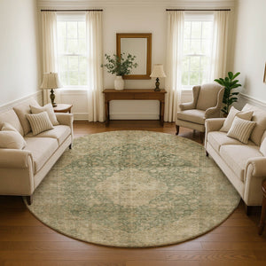 HomeRoots 8' Artichoke Green Medallion Round Rug - Washable, Stain Resistant, UV Protected for Everyday Use 696281