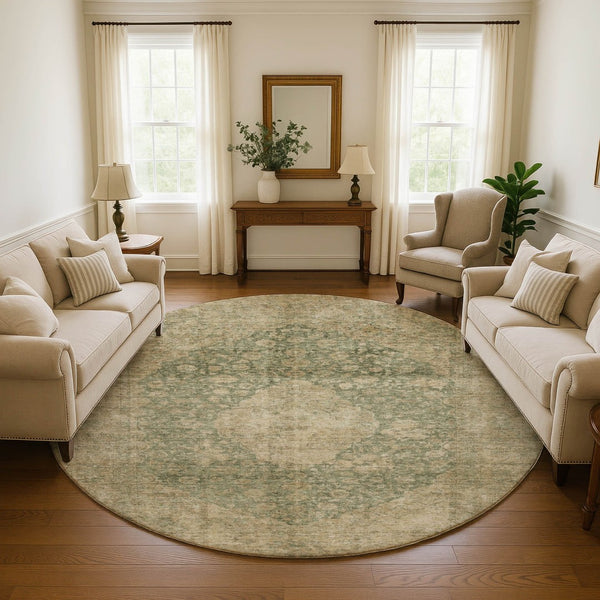 HomeRoots 8' Artichoke Green Medallion Round Rug - Washable, Stain Resistant, UV Protected for Everyday Use 696281
