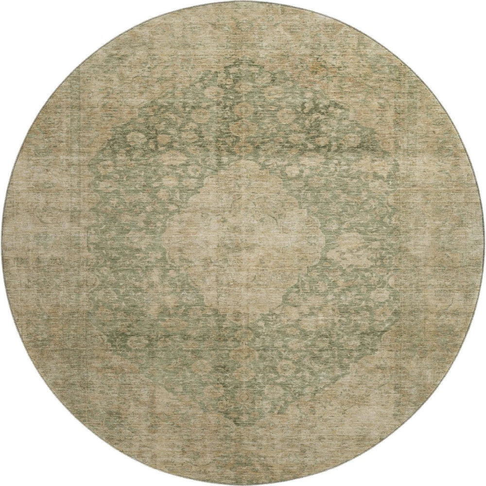HomeRoots 8' Artichoke Green Medallion Round Rug - Washable, Stain Resistant, UV Protected for Everyday Use 696281