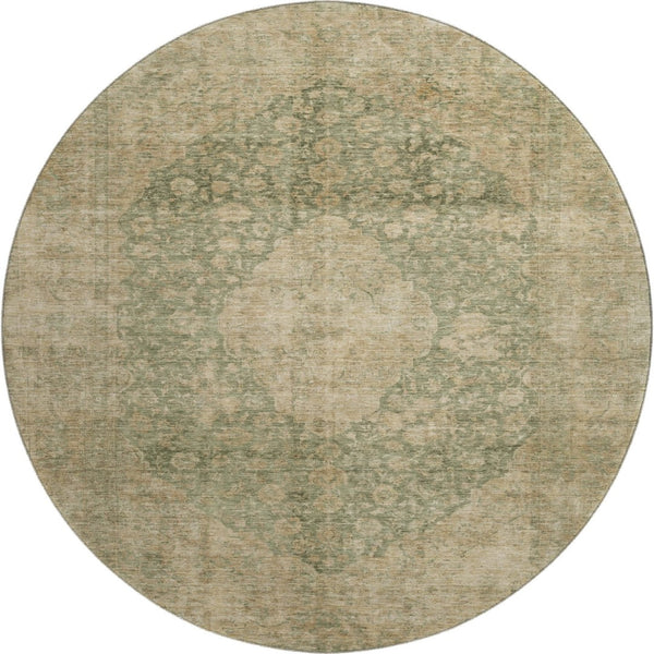 HomeRoots 8' Artichoke Green Medallion Round Rug - Washable, Stain Resistant, UV Protected for Everyday Use 696281
