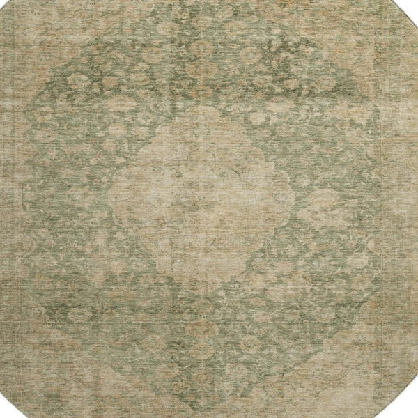 HomeRoots 8' Artichoke Green Medallion Round Rug - Washable, Stain Resistant, UV Protected for Everyday Use 696281