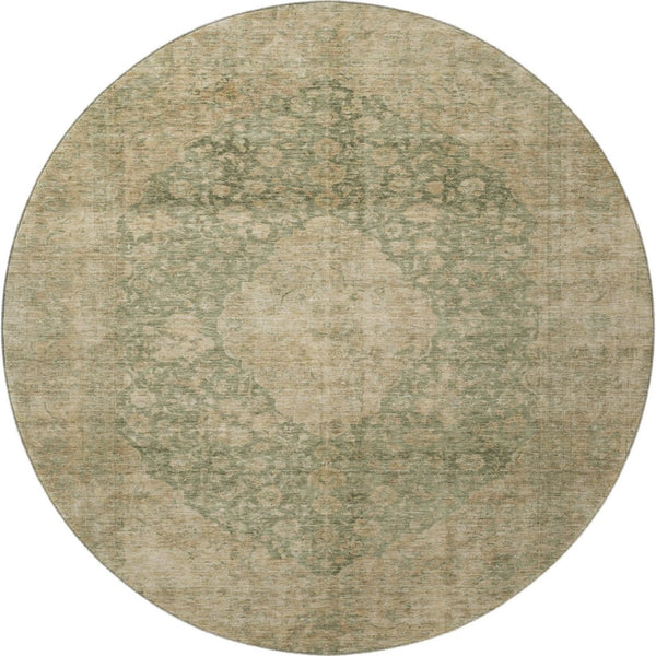 HomeRoots 8' Artichoke Green Medallion Round Rug - Washable, Stain Resistant, UV Protected for Everyday Use 696281