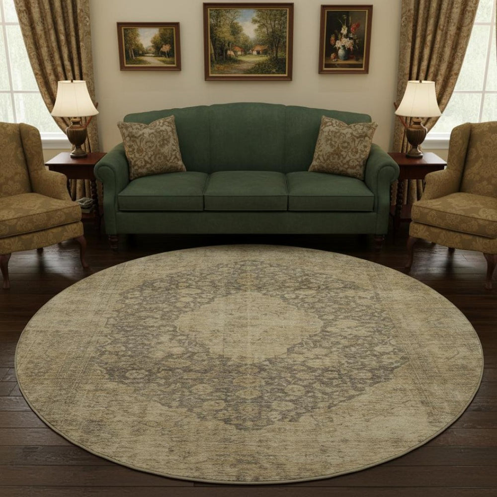 HomeRoots 8' Brown Beige and Taupe Medallion Washable Round Rug - Durable, UV-Protected, Stylish & Easy Care 696287