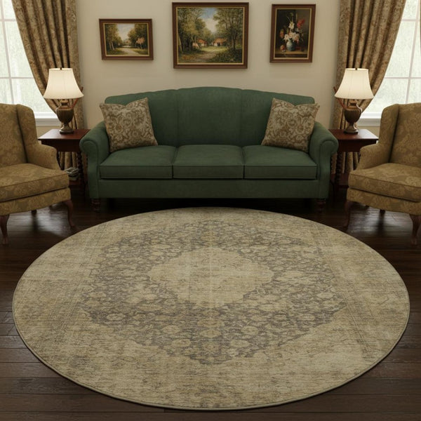 HomeRoots 8' Brown Beige and Taupe Medallion Washable Round Rug - Durable, UV-Protected, Stylish & Easy Care 696287