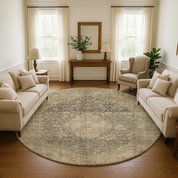HomeRoots 8' Brown Beige and Taupe Medallion Washable Round Rug - Durable, UV-Protected, Stylish & Easy Care 696287