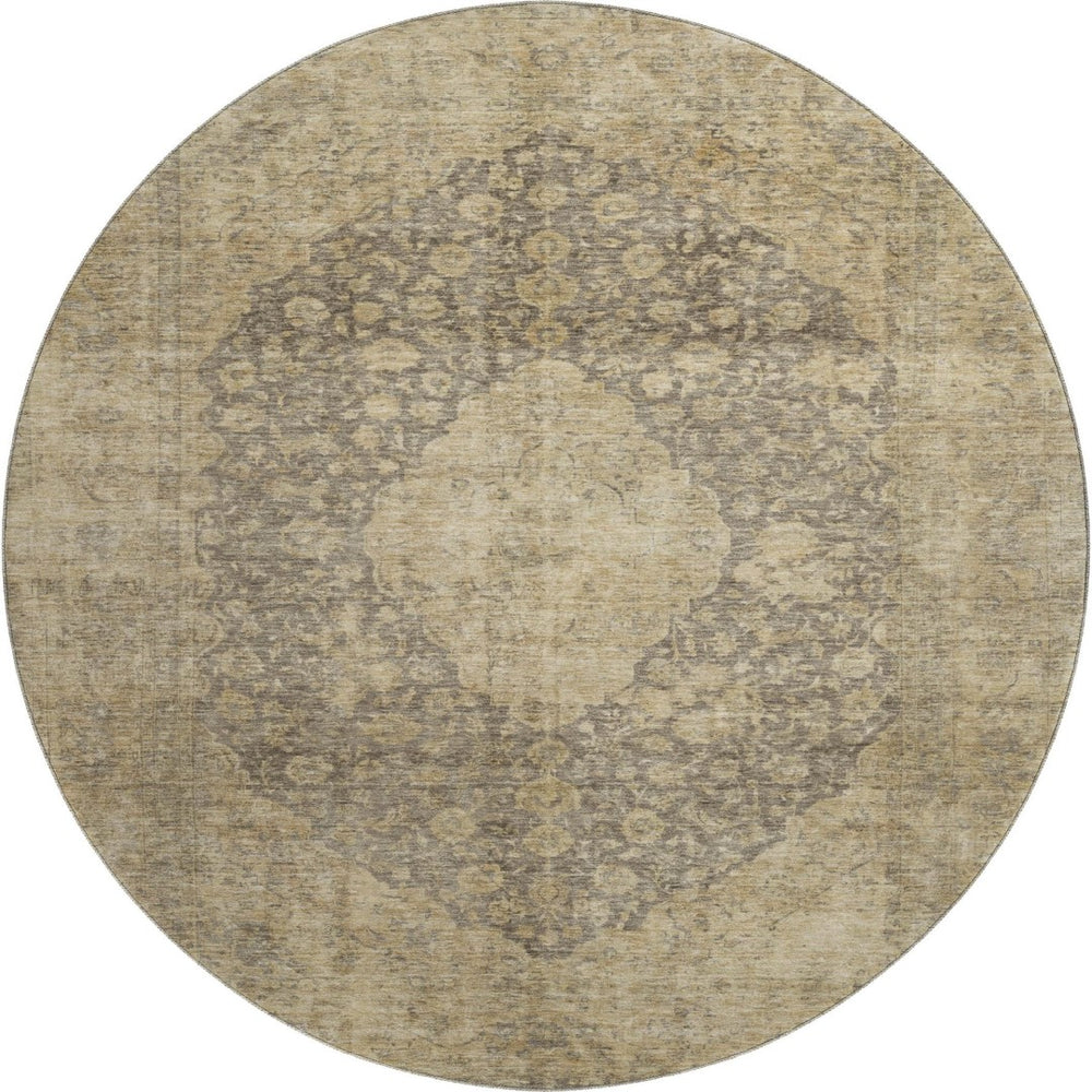 HomeRoots 8' Brown Beige and Taupe Medallion Washable Round Rug - Durable, UV-Protected, Stylish & Easy Care 696287