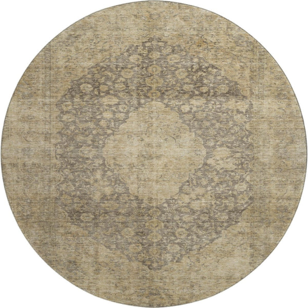 HomeRoots 8' Brown Beige and Taupe Medallion Washable Round Rug - Durable, UV-Protected, Stylish & Easy Care 696287