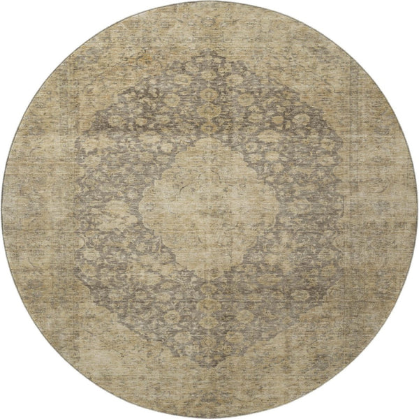 HomeRoots 8' Brown Beige and Taupe Medallion Washable Round Rug - Durable, UV-Protected, Stylish & Easy Care 696287