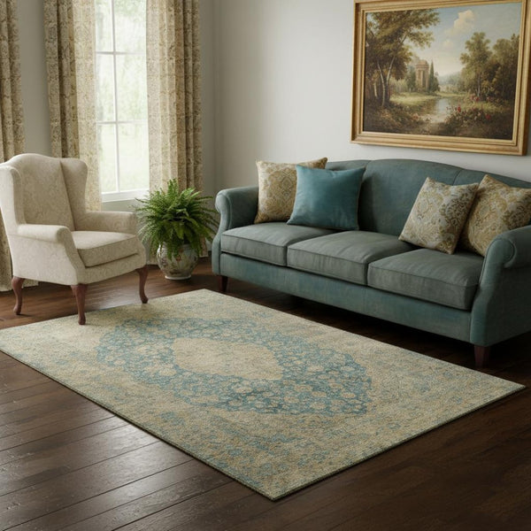 HomeRoots 5' X 8' Washable Medallion Area Rug in Blue, Beige & Taupe - UV Protection, Stain Resistant & Stylish 696292