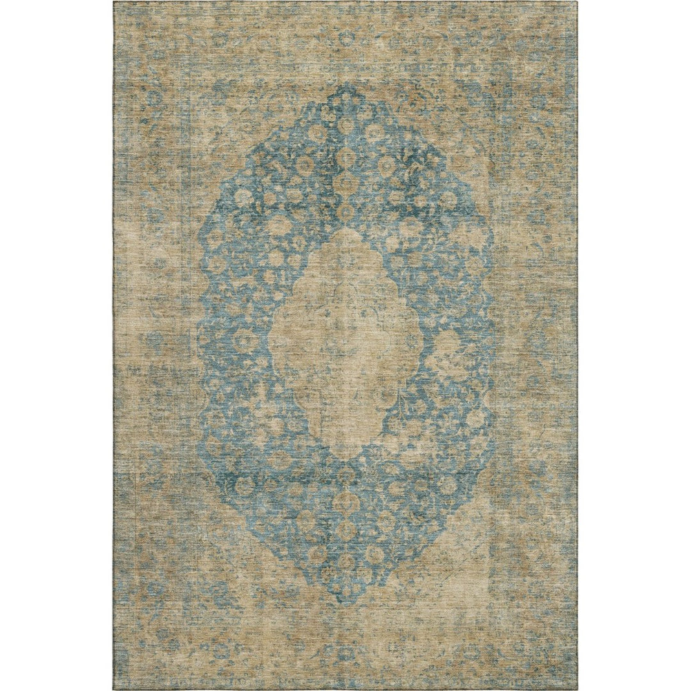 HomeRoots 5' X 8' Washable Medallion Area Rug in Blue, Beige & Taupe - UV Protection, Stain Resistant & Stylish 696292