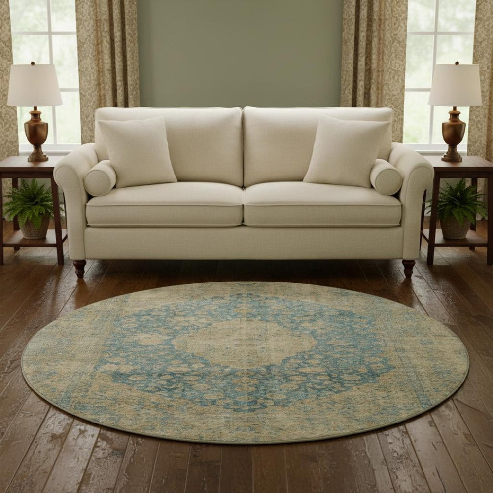 HomeRoots 8' Washable Round Medallion Rug in Blue, Beige & Taupe - Durable, UV Protected & Non-Slip Design 696293