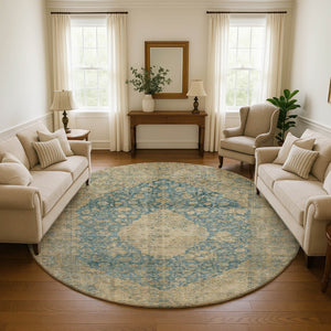 HomeRoots 8' Washable Round Medallion Rug in Blue, Beige & Taupe - Durable, UV Protected & Non-Slip Design 696293