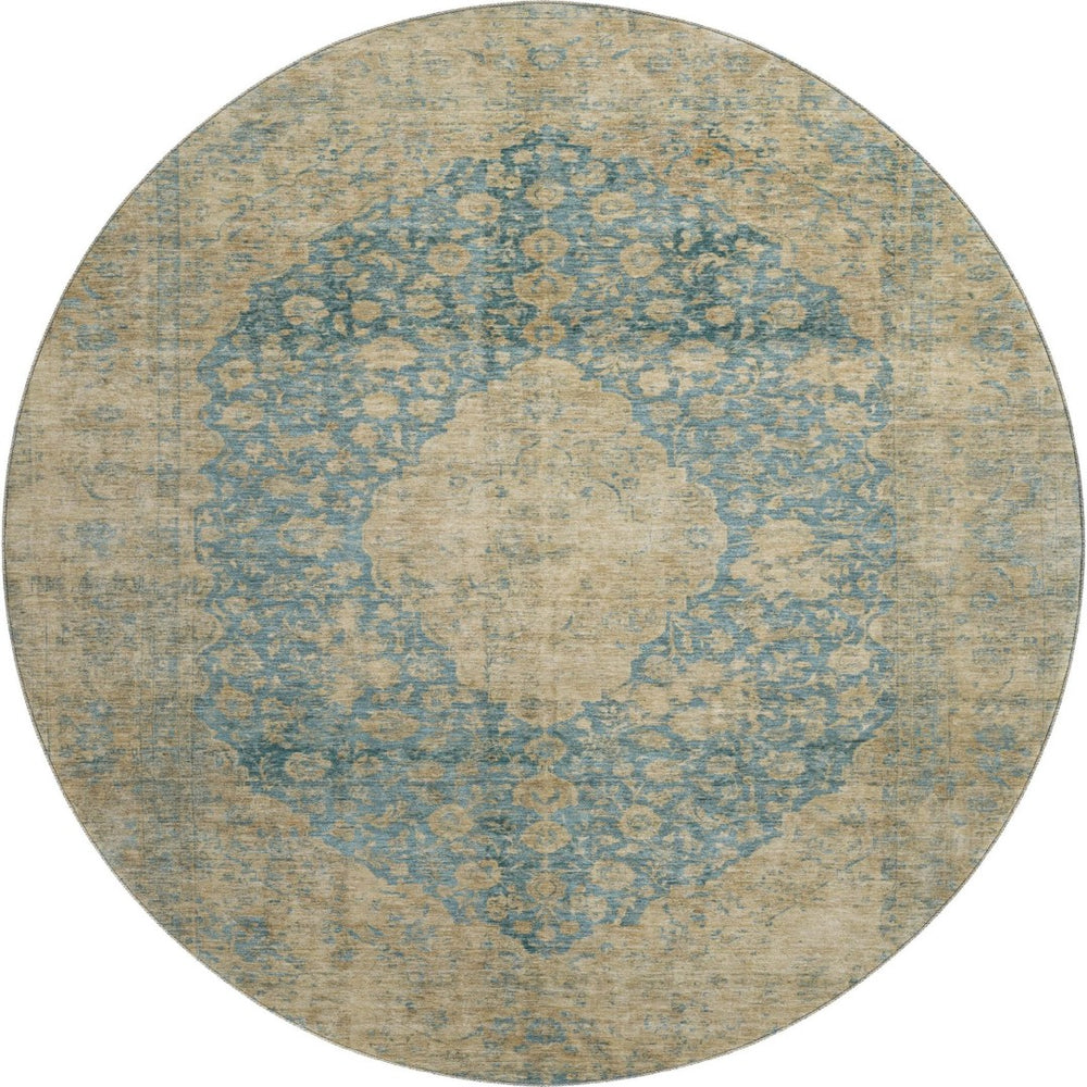 HomeRoots 8' Washable Round Medallion Rug in Blue, Beige & Taupe - Durable, UV Protected & Non-Slip Design 696293