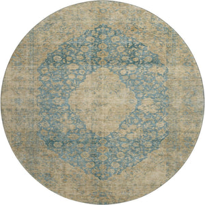 HomeRoots 8' Washable Round Medallion Rug in Blue, Beige & Taupe - Durable, UV Protected & Non-Slip Design 696293