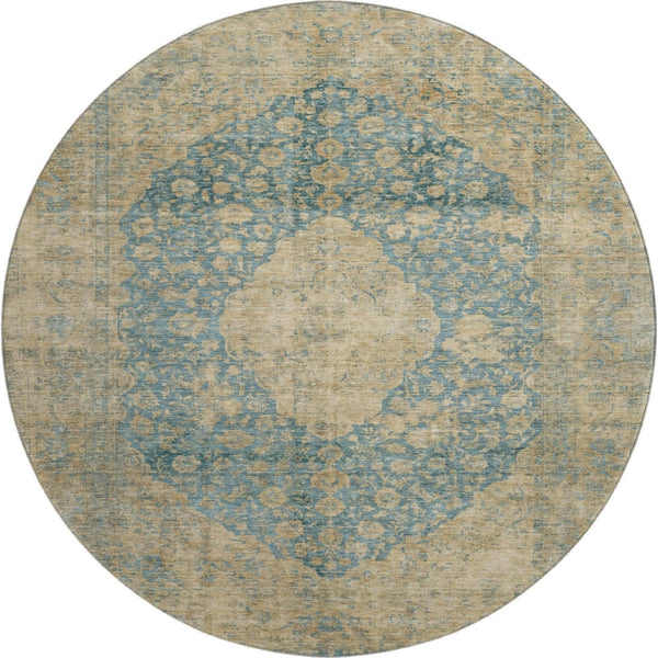 HomeRoots 8' Washable Round Medallion Rug in Blue, Beige & Taupe - Durable, UV Protected & Non-Slip Design 696293