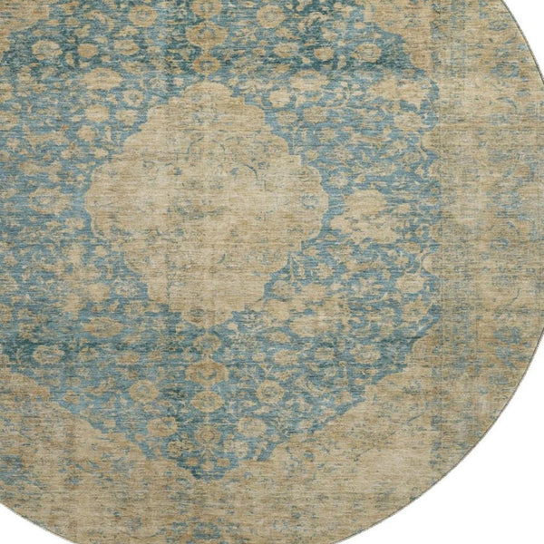 HomeRoots 8' Washable Round Medallion Rug in Blue, Beige & Taupe - Durable, UV Protected & Non-Slip Design 696293