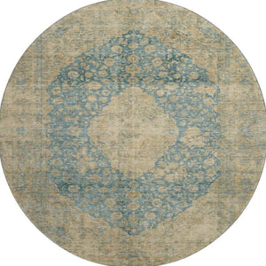 HomeRoots 8' Washable Round Medallion Rug in Blue, Beige & Taupe - Durable, UV Protected & Non-Slip Design 696293