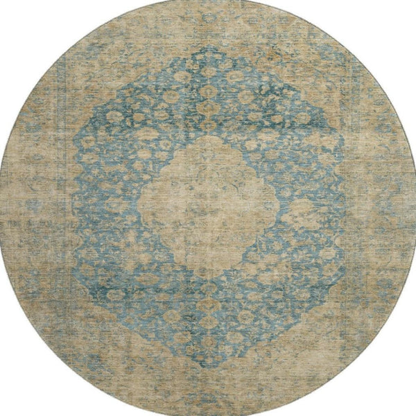 HomeRoots 8' Washable Round Medallion Rug in Blue, Beige & Taupe - Durable, UV Protected & Non-Slip Design 696293