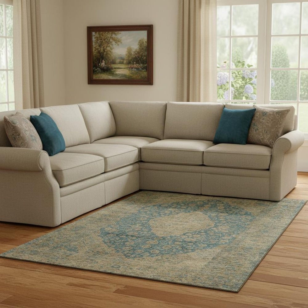 HomeRoots 8' X 10' Washable Medallion Area Rug in Blue, Beige & Taupe – UV Protection for Durable Style 696294